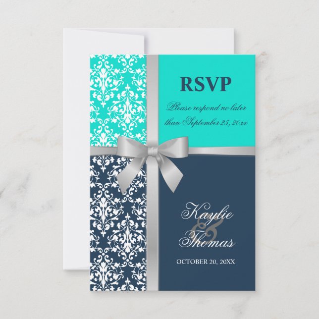 Damask Faux Silver Ribbon Marine Mariage RSVP (Devant)
