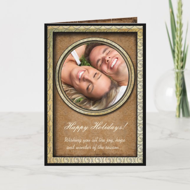 Damask Happy Holidays Gold Frame Votre Carte photo (Devant)