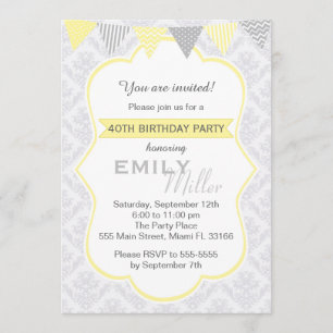 Damask Jaune Grey Adulte Invitation Anniversaire