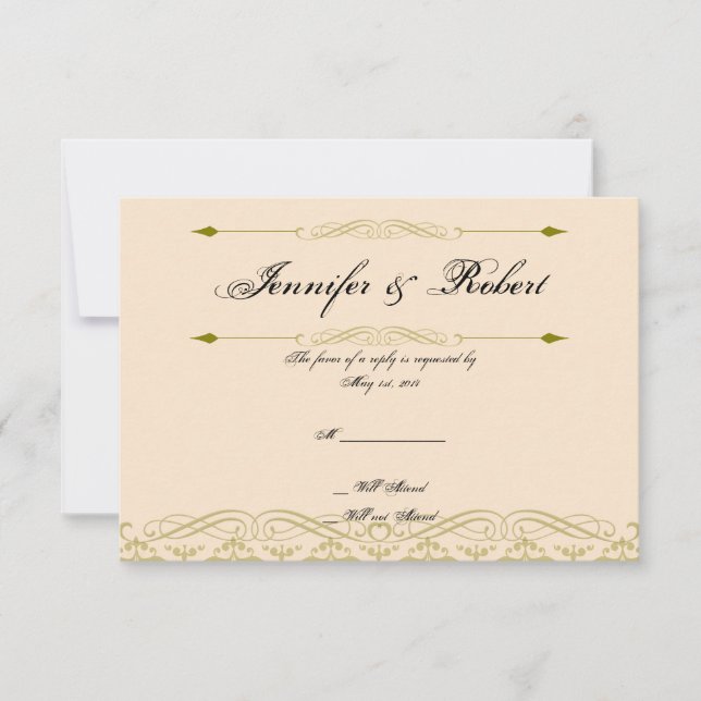Damask moderne en ivoire or Mariage carte de répon (Devant)