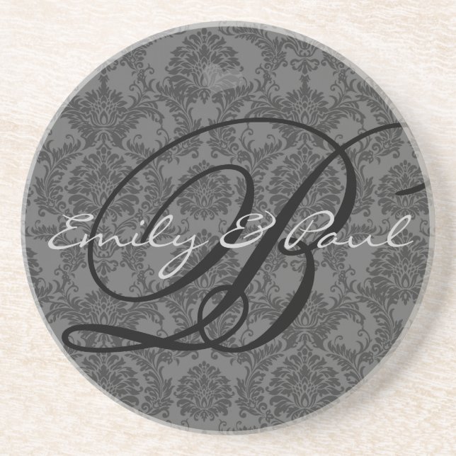 Damask Monogramme Mariage Dessous de verre d'anniv (Devant)