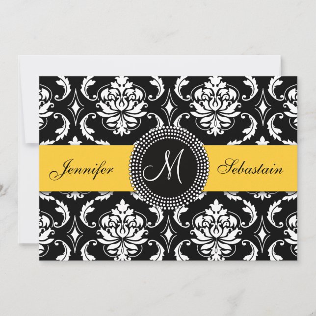 Damask Monogramme Mariage Invitations Jaune (Devant)