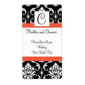 Damask Monogramme Mariage Vin Étiquette Papaya