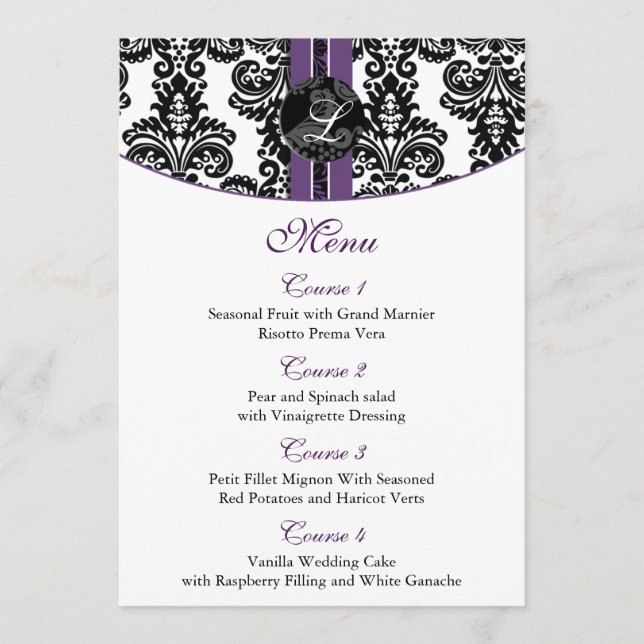 damask monogramme violet menu mariage (Devant)