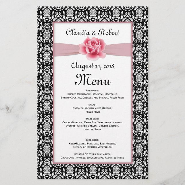 Damask noir blanc, rose rose Mariage Menu (Devant)