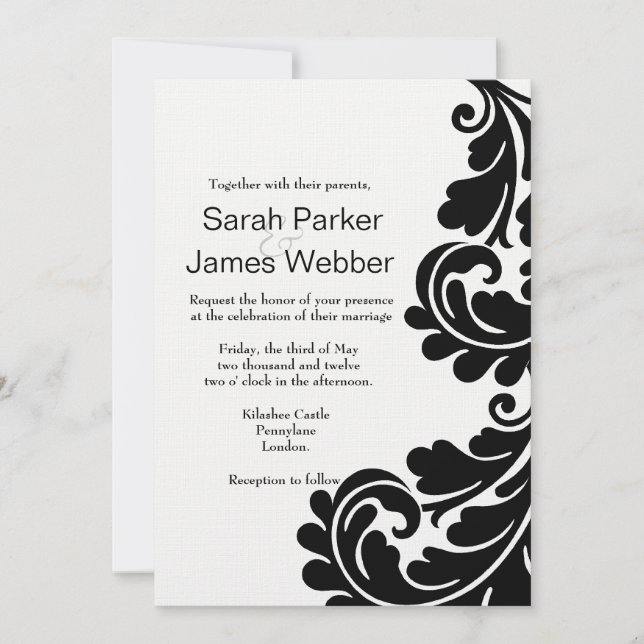 Damask noir et blanc Faire-part de mariage (Devant)