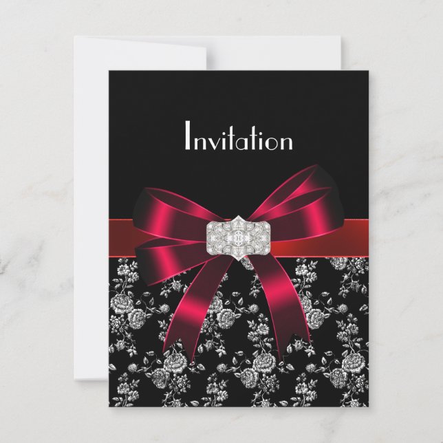 Damask Noir Rouge Blanc Bijou Nœud Invitation (Devant)