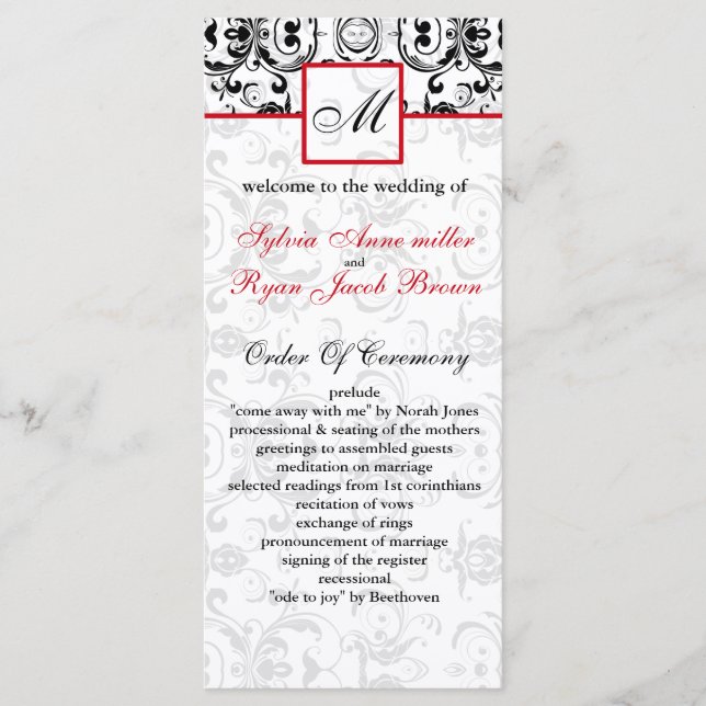 Damask noir rouge MONOGRAM Programme de mariage (Devant)