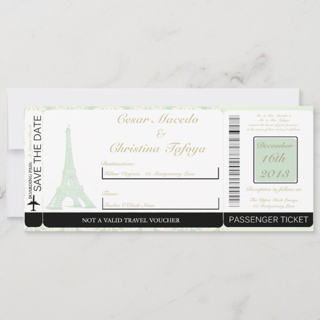 Damask Paris Boarding Pass Faire-part de mariage (Devant)