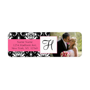 Damask Pink Monogramme Mariage photo Étiquettes de