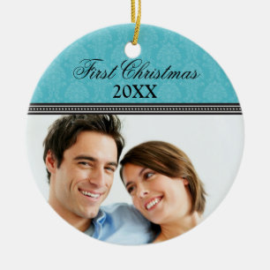 Damask Premier Mariage de Noël Ornement (aqua)