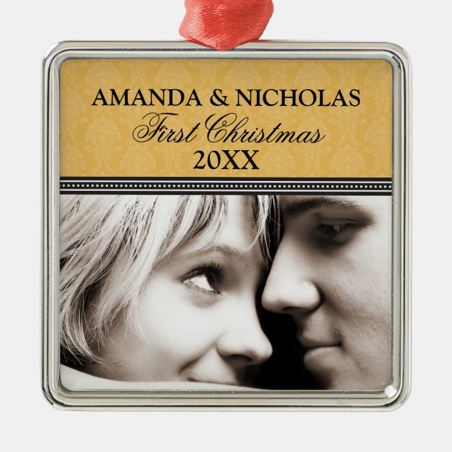 Damask Premier Mariage de Noël Ornement (or) (Devant)