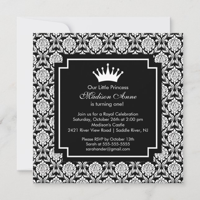 Damask Princess Crown Birthday Party Invitation (Devant)