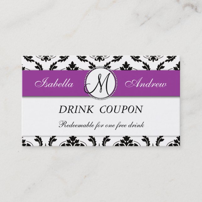 Damask Purple Mariage Carte Coupon de boisson grat (Devant)