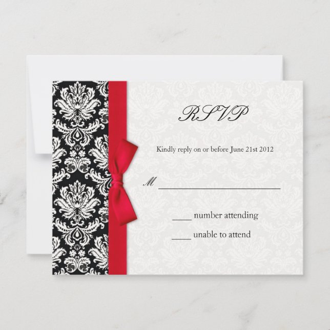 Damask Red Bow Wedding Carte RSVP (Devant)