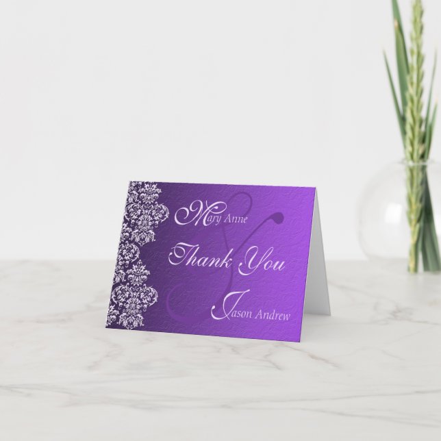 Damask Royal Purple Mariage Merci Carte Note (Devant)