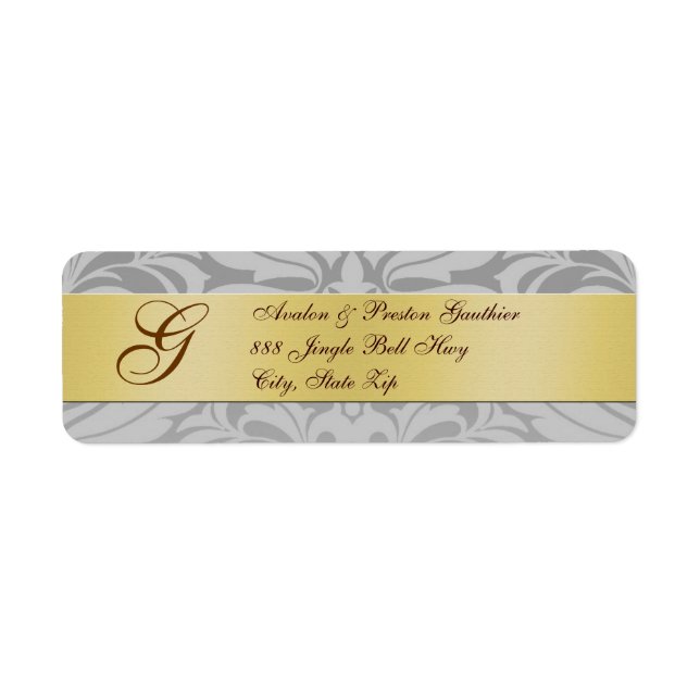 Damask Silver Monogram Étiquettes de adresse de No (Devant)