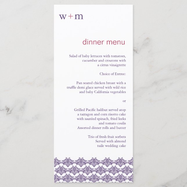 Damask Simplicity Cyan Purple Menu Mariage (Devant)