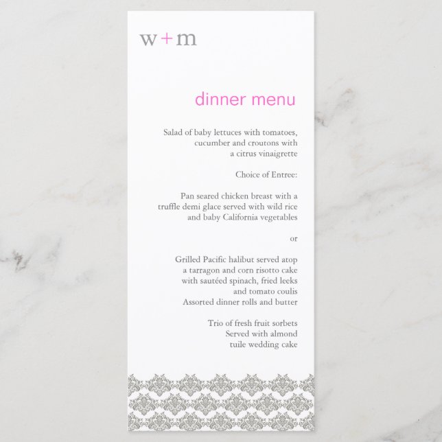 Damask Simplicity Taupe Mariage rose Menu (Devant)