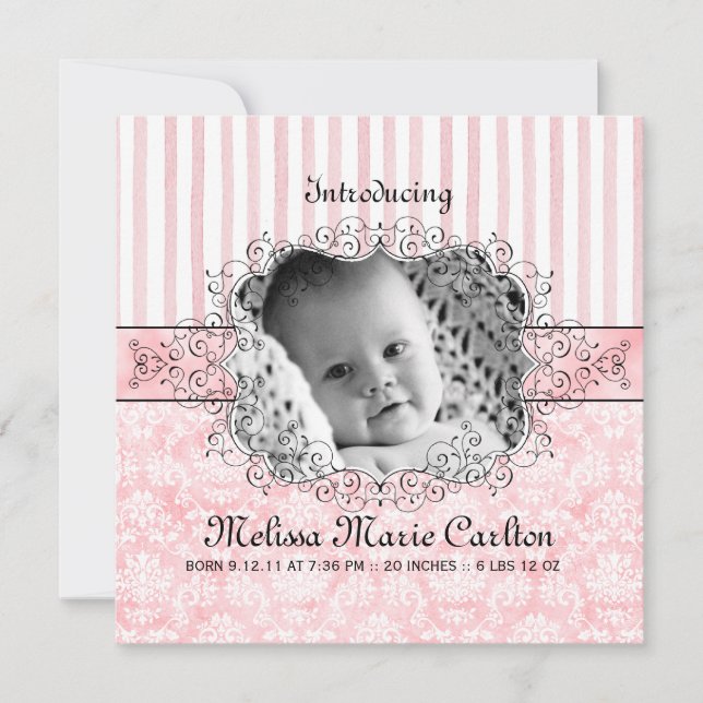 Damask & Stripe Baby Girl Faire-part de naissance (Devant)