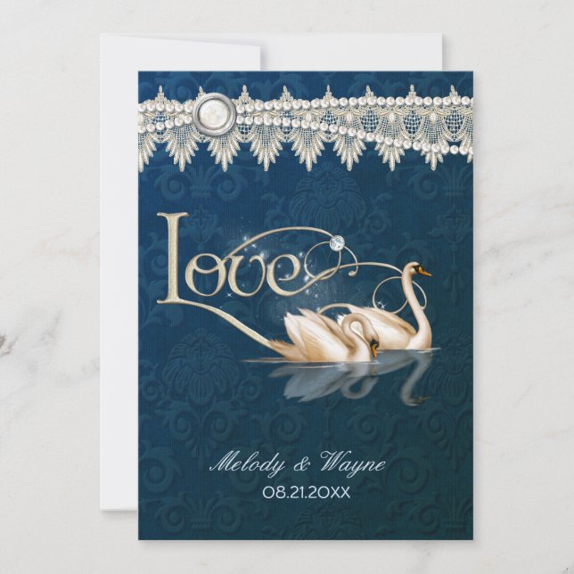 Damask Swan Elegance Blue - Faire-part de mariage (Devant)