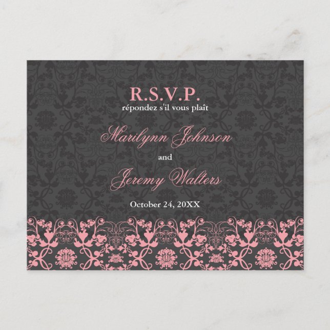 Damask Swils Lace Charcoal RSVP Mariage Carte post (Devant)