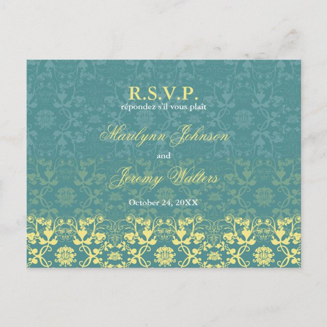 Damask Swils Lace Peacock RSVP Mariage carte posta (Devant)