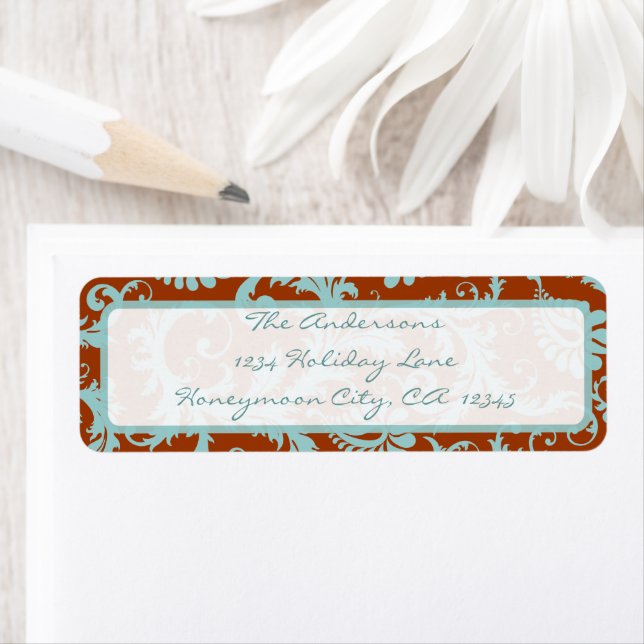 Damask Swirl Aqua Blue & Brown Étiquette de adress (En situation)