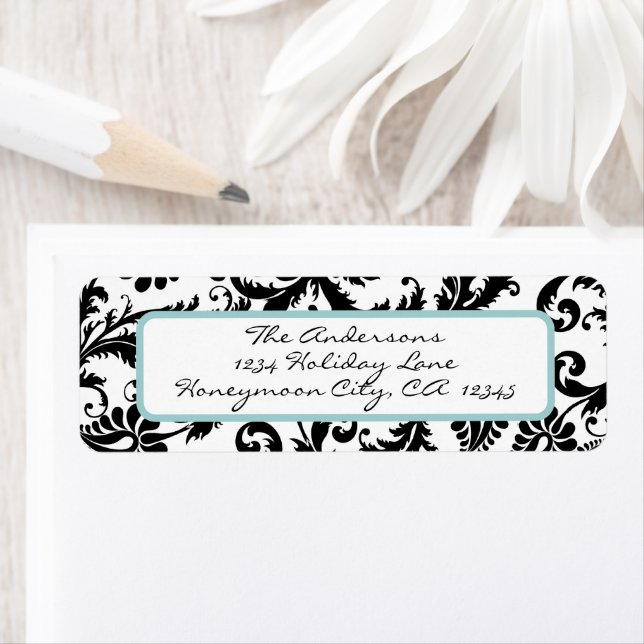 Damask Swirl Light Aqua & Black Étiquette de adres (En situation)