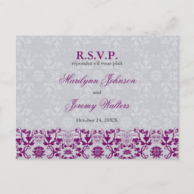 Damask Swirls Lace Orchid RSVP Mariage Carte posta (Devant)