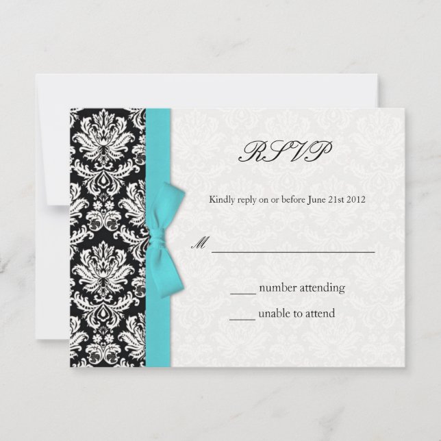 Damask Turquoise Bow Wedding Carte RSVP (Devant)