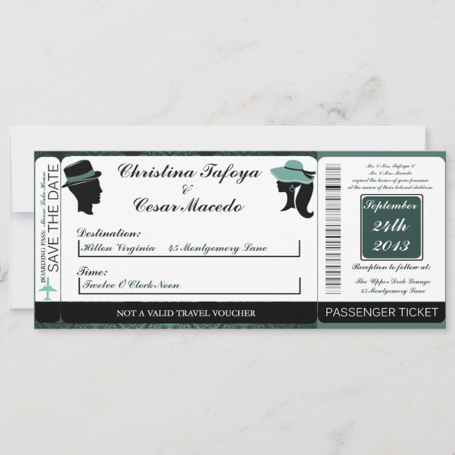 Damask Turquoise Coupl Boarding Pass Faire-part de (Devant)