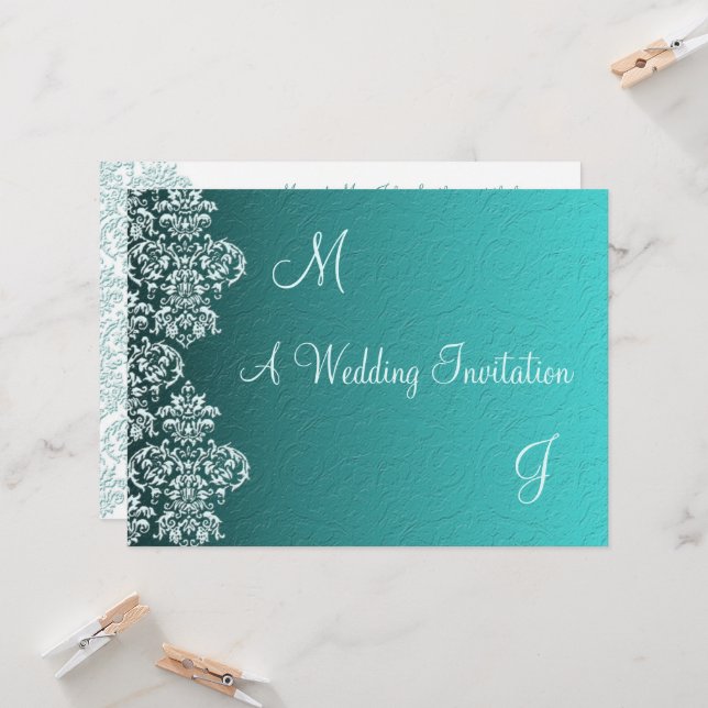 Damask Turquoise Faire-part de mariage (Devant/Arrière en situation)
