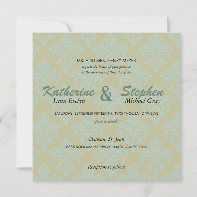 Damask -vert et faire-part de mariage turquoise (Devant)