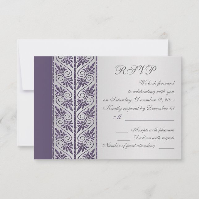 Damask violet sur argent RSVP pour anniversaire de (Devant)