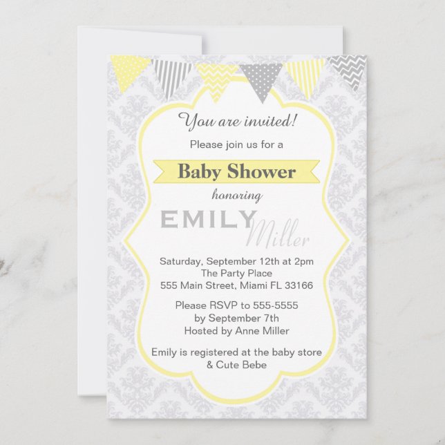 Damask Yellow Baby shower Invitation Unisex (Devant)