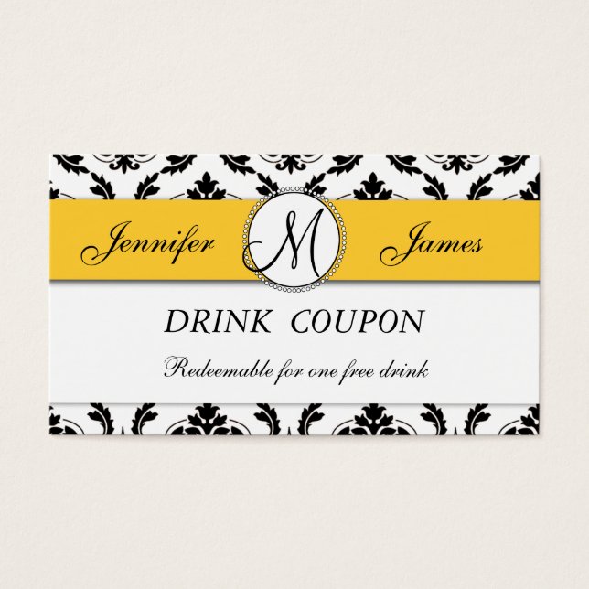 Damask Yellow Mariage Carte Coupon de boisson grat (Devant)