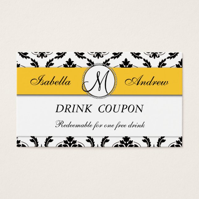 Damask Yellow Mariage Carte Coupon de boisson grat (Devant)