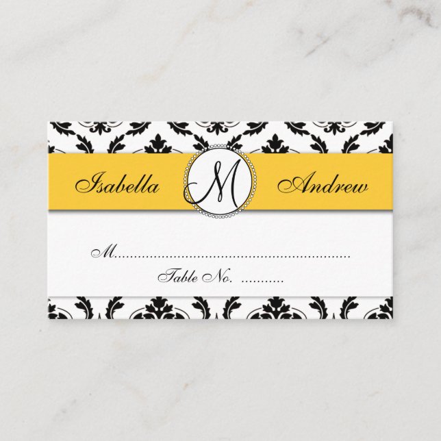 Damask Yellow Wedding Réception Carte de lieu (Devant)