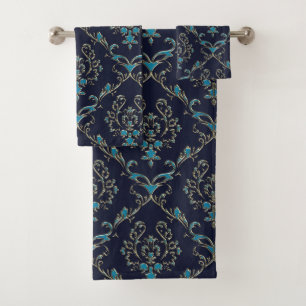 Damassé bleue d'or vert sur l'ensemble bleu-fonc
