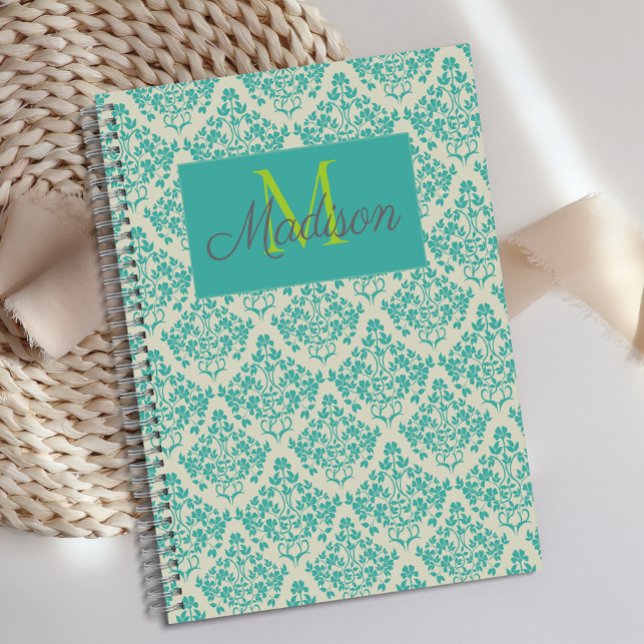 Damassé de crème verte, monogramme tendance girly  (Créateur téléchargé)