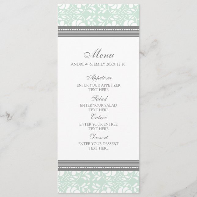Damassé florale grise de menthe de menu de mariage (Devant)