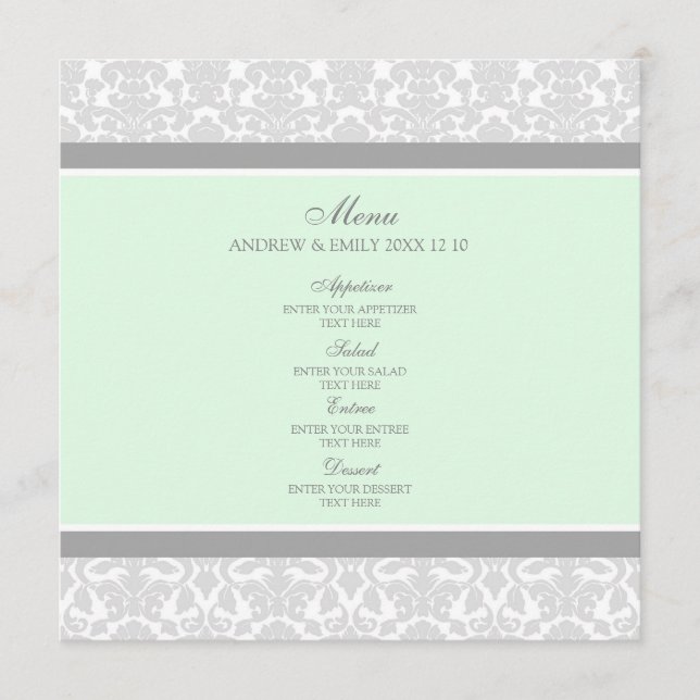 Damassé florale grise de menthe de menu de mariage (Devant)