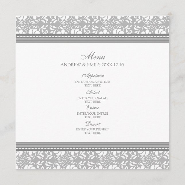 Damassé florale grise de menu de mariage (Devant)