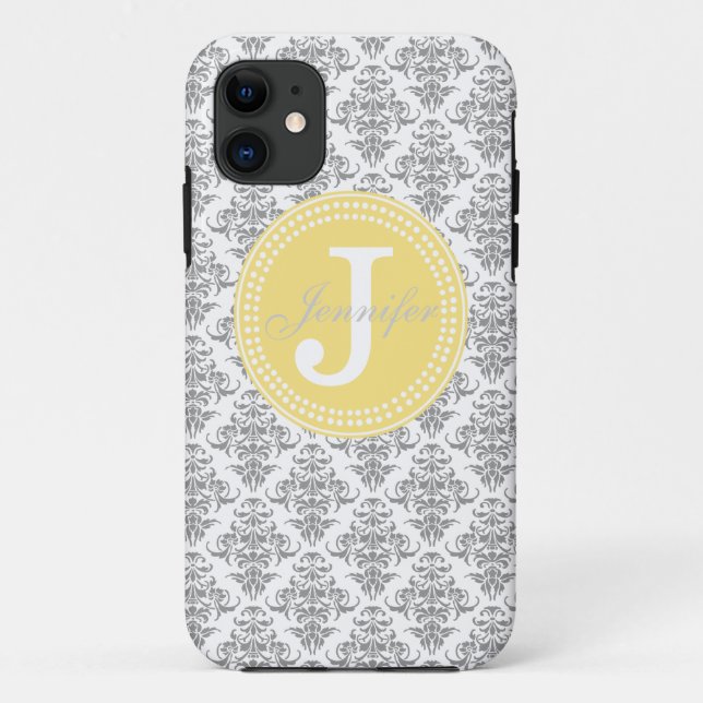 Damassé grise et coque iphone jaune de monogramme (Dos)