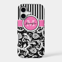 Damassé rayé rose, noir et blanc avec monogramme