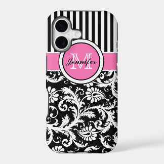 Damassé rayé rose, noir et blanc avec monogramme