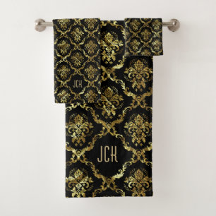 Damassés Floraux Noir Et Or Monogramme