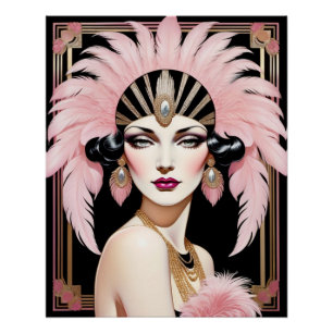 Dame Art déco avec robe de tête en plumes.