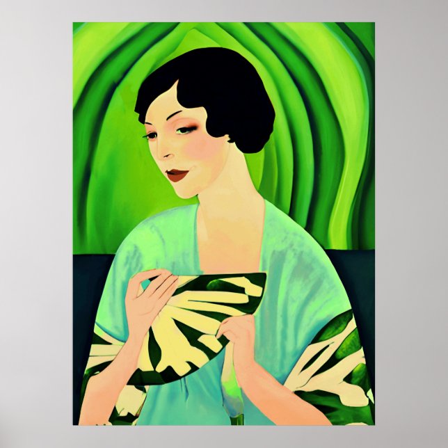 Dame Art déco avec ventilateur en Jade Green (Devant)